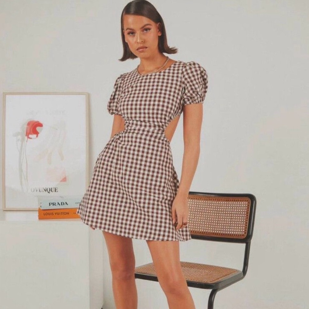 Checkered Puff Sleeve Mini Dress